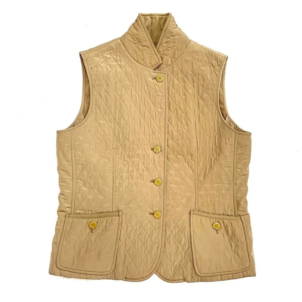 Talbots Diamond Quilted Fleece Lined Tan Vest Corduroy Detail Size, Petite Small